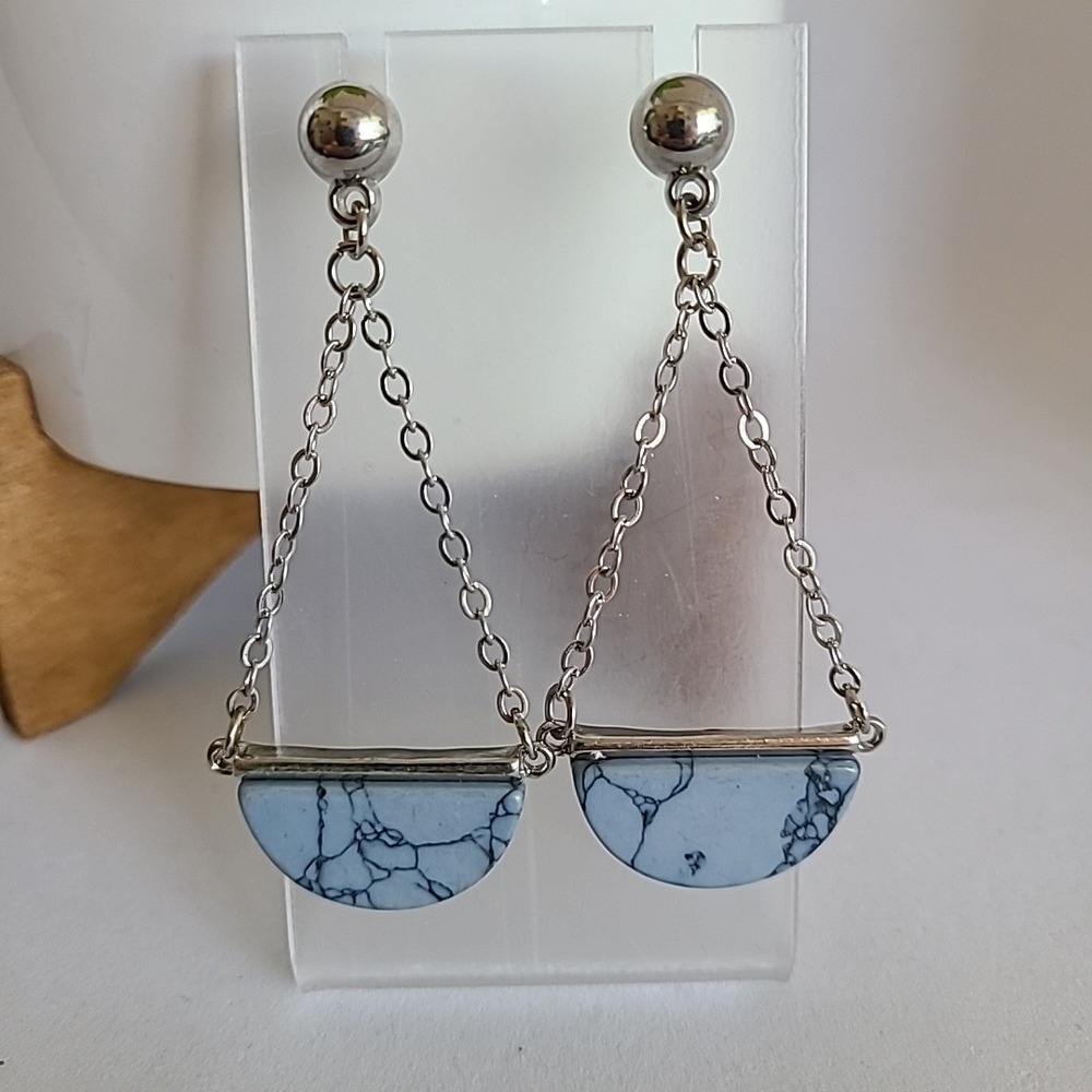 Dangle Drop Earrings Silver Chain Blue Stone Semi Circle Trendy‎ Earrings